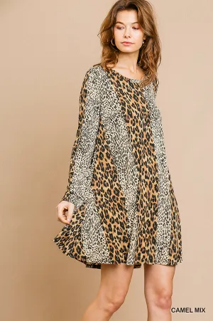 Long sleeve mixed animal print round neck dress